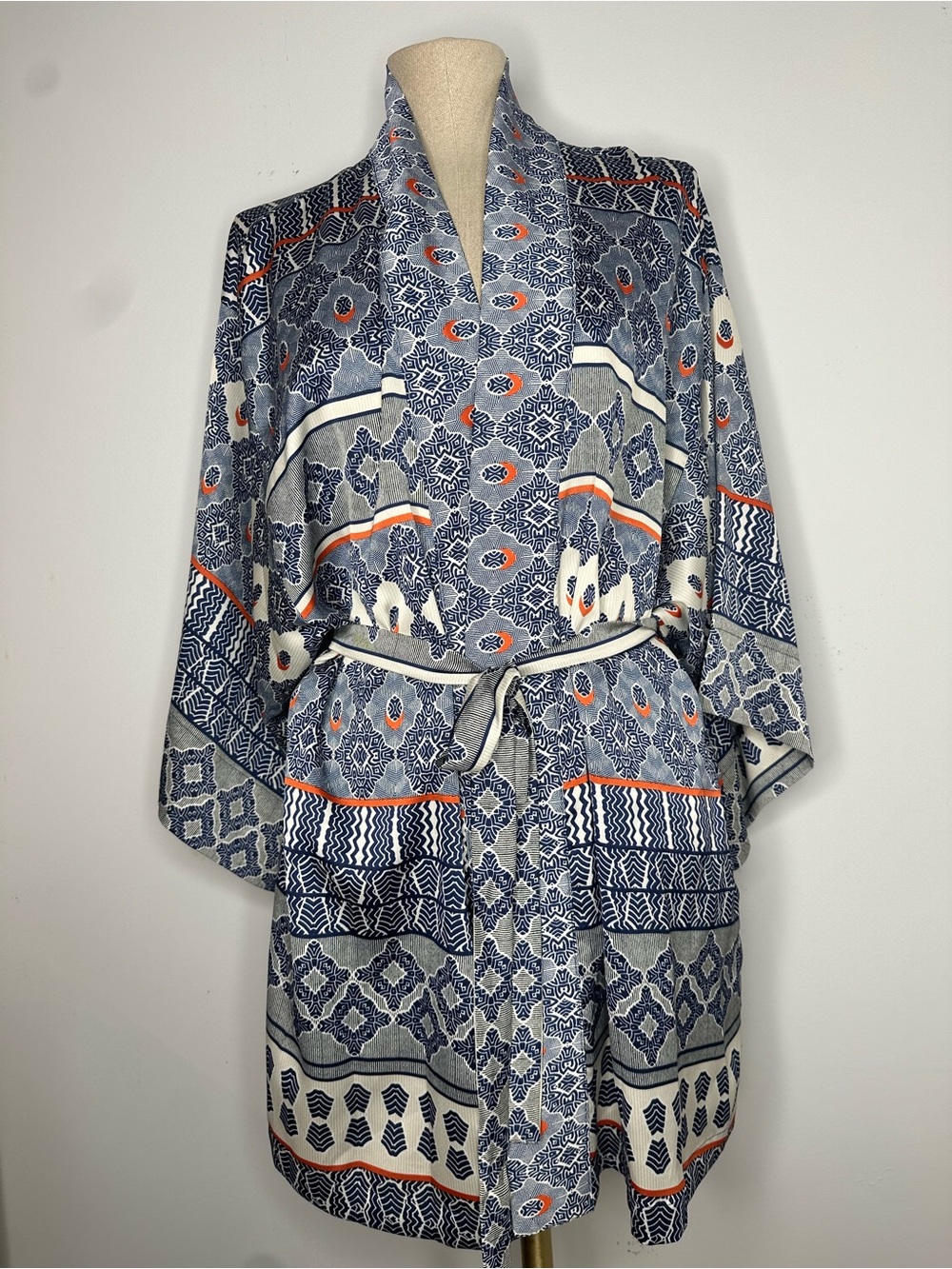 Natori Shima Wrap Geometric Pattern Kimono Robe SZ SMALL
